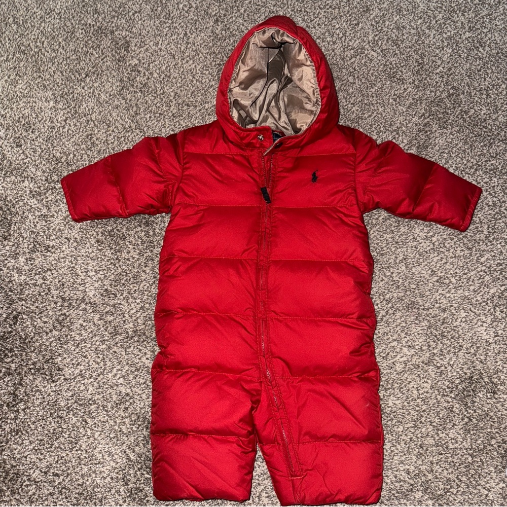 Ralph Lauren Infant Red w/ Tan Lining Snowsuit LIKE NEW Size 9 Months